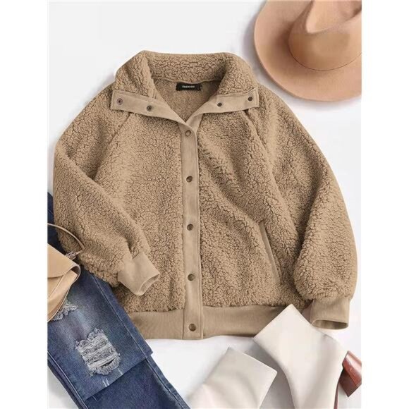 Womens Fleece Sherpa Jacket Khaki - Picture 6 of 6